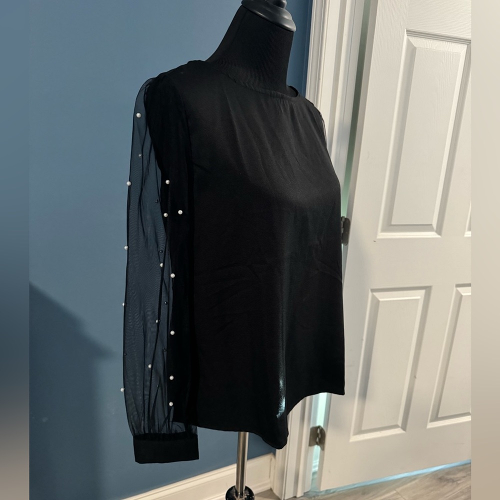 SHEIN Faux Pearl Sheer Mesh Sleeve Top